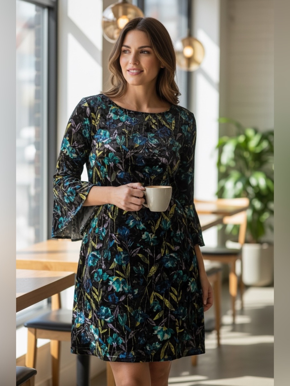 The Limited Black Floral Velvet Long Sleeve A-Line Dress Size 1X NWT